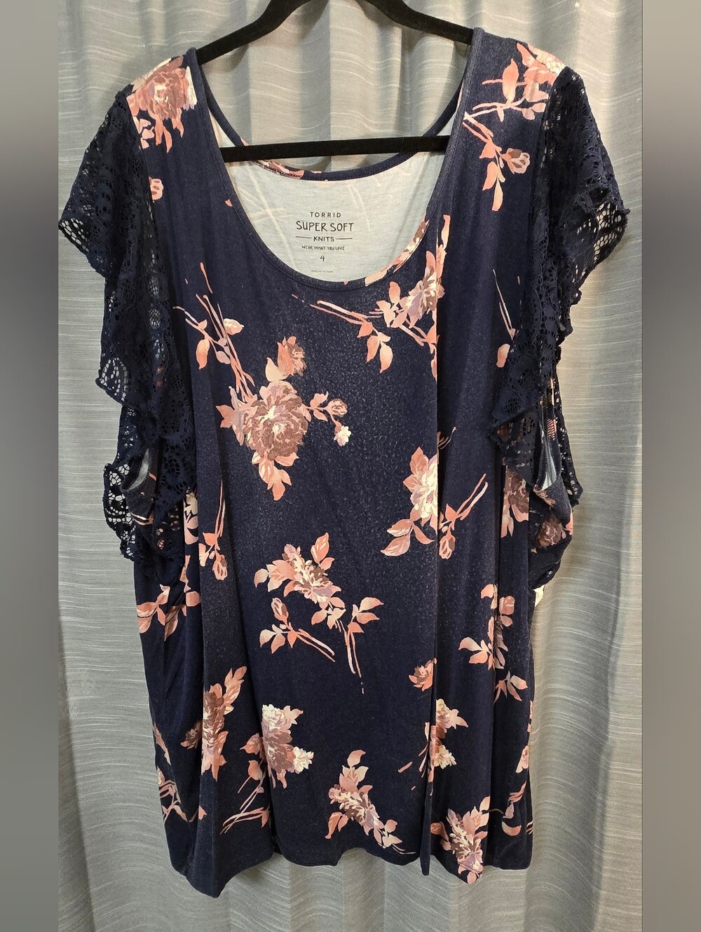 Torrid Navy Floral Knit Top with Pink Rose Print and Lace Flutter Sleeves